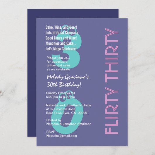 Invitation Flirter Trente Pink bleu violet Anniversaire Moder (Devant / Derrière)