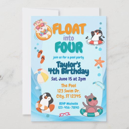 Invitation Float into Four, Pool Animals 4th Birthday (Devant)