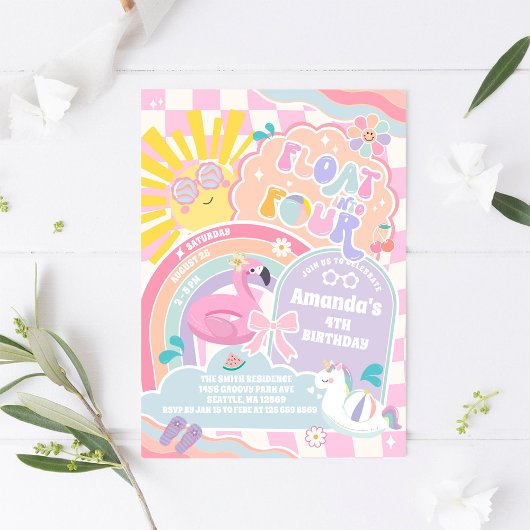 Invitation Float Into Four Pool Party Rainbow 4th Birthday