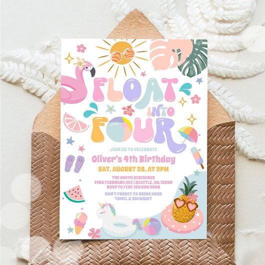 Invitation Float Into Four Pool Party Summer 4th Birthday