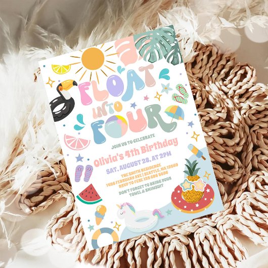 Invitation Float Into Four Pool Party Summer 4th Birthday