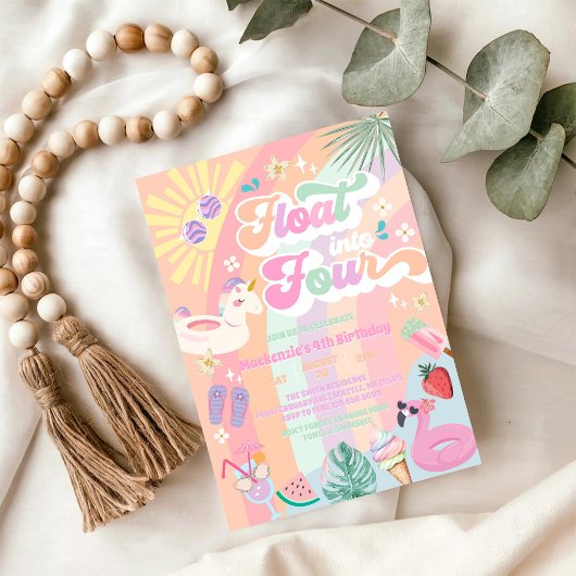Invitation Float Into Four Summer Rainbow Sun 4th Birthday