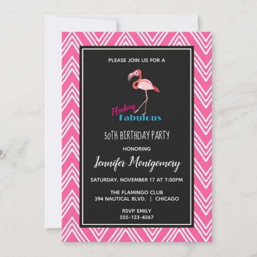 Invitation Flocking Fabulous avec Flamant rose rose Anniversa (Devant)