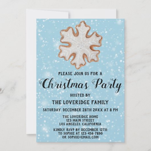 Invitation Flocon de Cookie Vacances Noël Fête Bleu Neige (Devant)