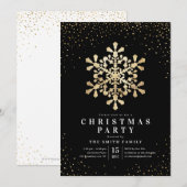 Invitation Flocon de neige artistique fête de Noël noir et or (Devant / Derrière)