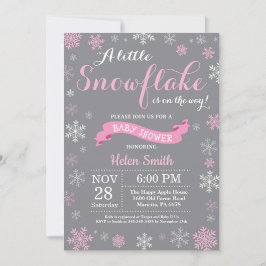 Invitation Flocon de neige blanc et gris de rose de baby (Devant)