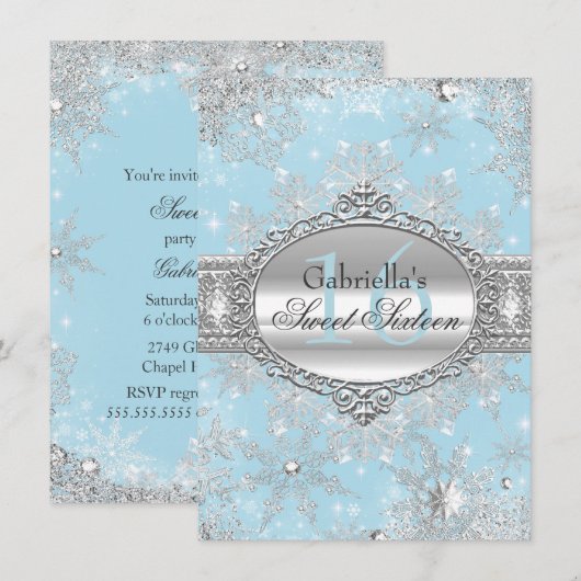 Invitation Flocon de Neige Bleu pour les 16 ans Wo (Devant / Derrière)