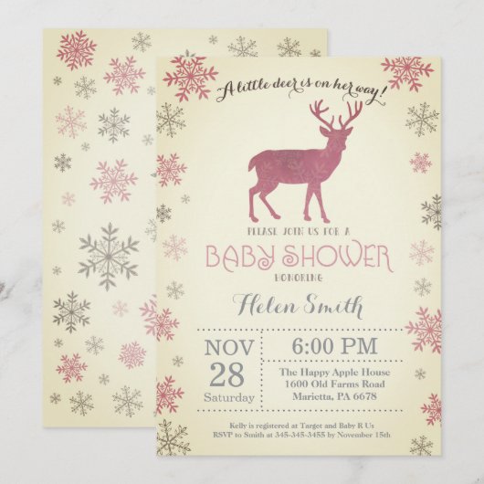 Invitation Flocon de neige de baby shower de fille de rose (Devant / Derrière)