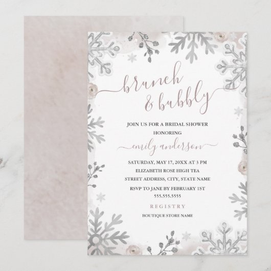 Invitation Flocon de neige d'hiver Argent Baiser Brunch Et Bu (Devant / Derrière)