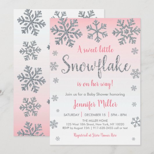 Invitation Flocon de neige d'hiver Baby shower rose et argent (Devant / Derrière)