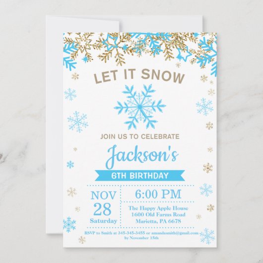 Invitation Flocon de neige d'hiver Bleu et Gold Boy Anniversa (Devant)