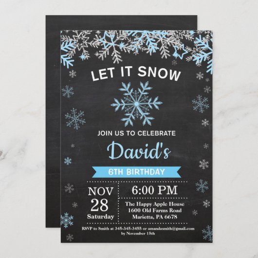 Invitation Flocon de neige d'hiver rustique Blue Silver Boy A (Devant / Derrière)
