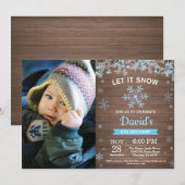 Invitation Flocon de neige d'hiver rustique Blue Silver Boy A (Devant / Derrière)