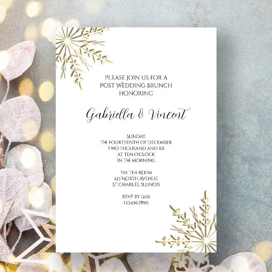 Invitation Flocon de neige doré sur brunch blanc d'hiver aprè