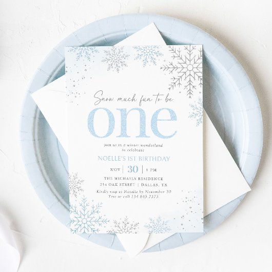Invitation Flocon de neige paillettes bleues 1er anniversaire