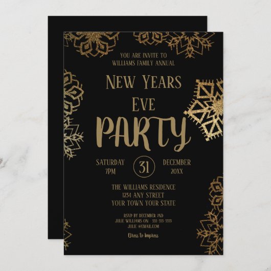 Invitation Flocon de neige Parties scintillant noir et or | N (Devant / Derrière)