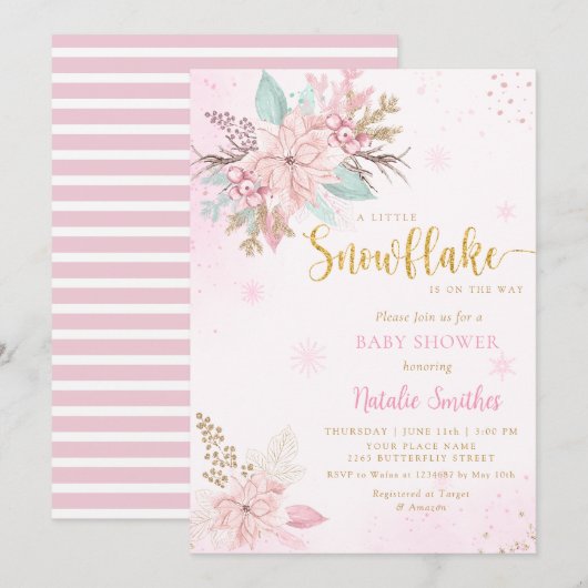 Invitation Flocon de neige rose Aquarelle hiver Baby shower f (Devant / Derrière)