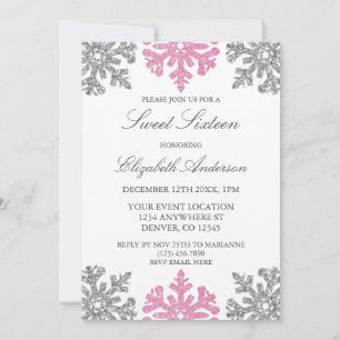 Invitation Flocon de neige rose argent Sweet hiver 16