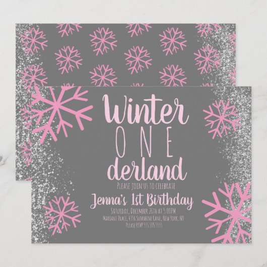 Invitation Flocon de neige rose écriture enneigée premier ann (Devant / Derrière)