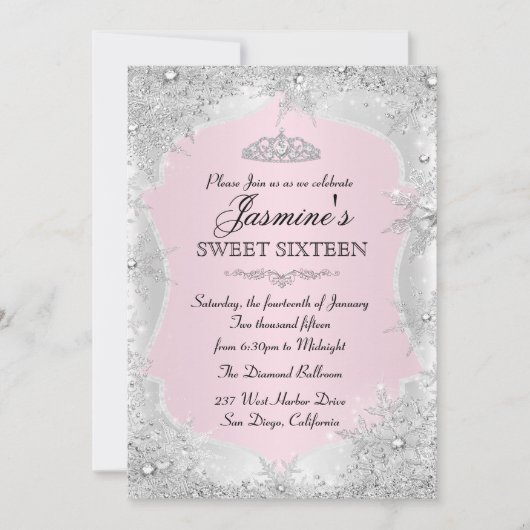 Invitation Flocon de neige rose Silver hiver Sweet 16 Invitat (Devant)