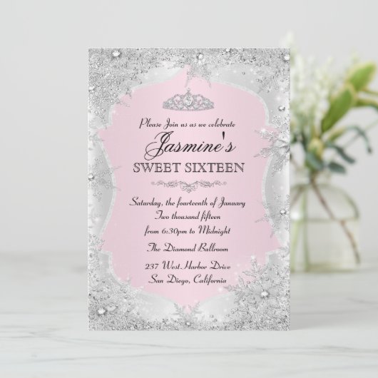 Invitation Flocon de neige rose Silver hiver Sweet 16 Invitat (Debout devant)