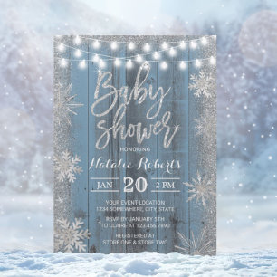 Invitation Flocon de neige rustique hiver Baby shower bleu Du