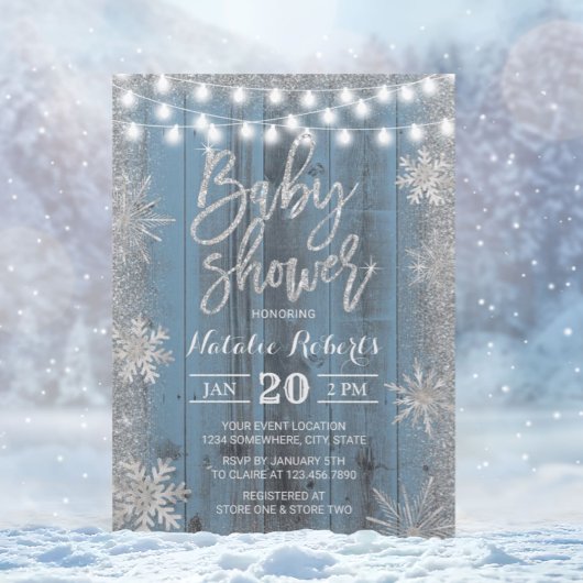 Invitation Flocon de neige rustique hiver Baby shower bleu Du