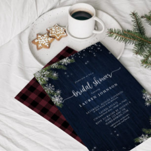 Invitation Flocon de neige rustique hiver Bleu Plaid Fête des