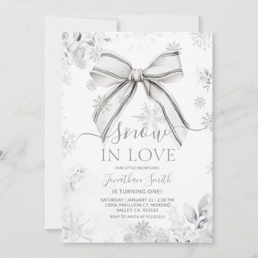 Invitation Flocon de neige Silver Bow Snow In Love 1er annive (Devant)