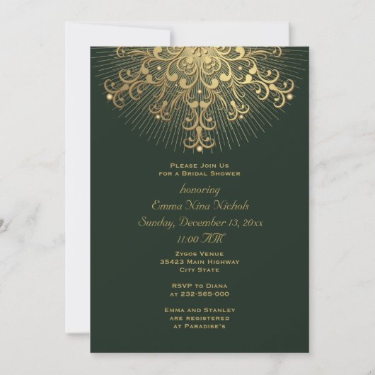 Invitation Flocon de neige vert mariage hiver nuptiale d'or (Devant)