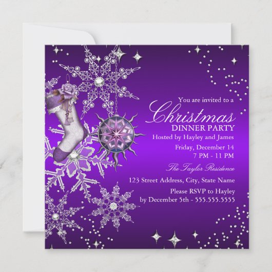 Invitation Flocon de neige violet Cristal Dîner de Noël 3 (Devant)