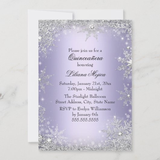 Invitation Flocon de neige violet Cryple Princess Quinceanera (Dos)