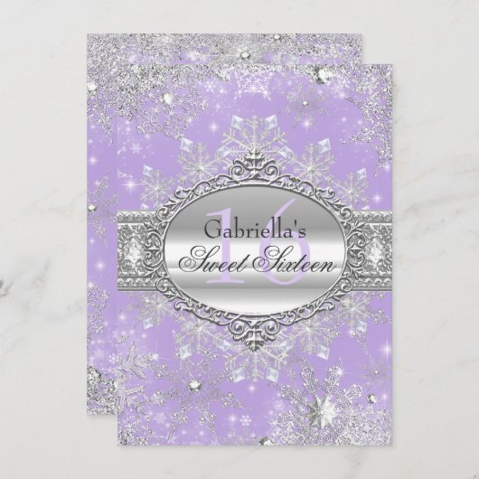 Invitation Flocon de neige violet hiver Wonderland Sweet 16 I (Devant / Derrière)