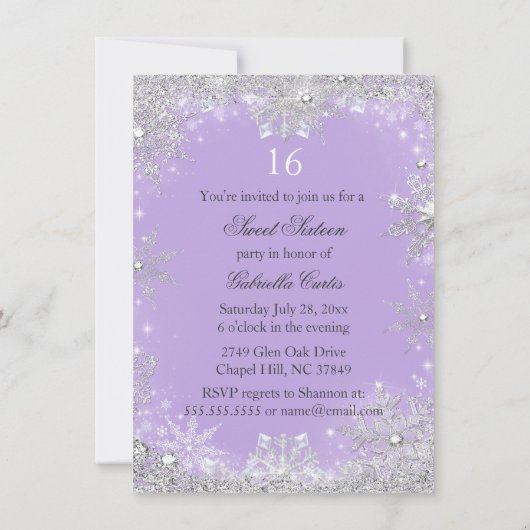 Invitation Flocon de neige violet hiver Wonderland Sweet 16 I (Dos)