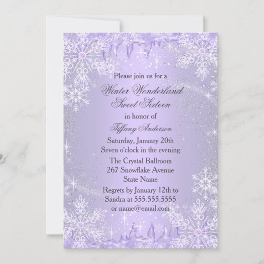 Invitation Flocon de neige violet hiver Wonderland Sweet 16 I (Devant)