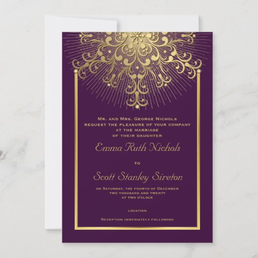 Invitation Flocon d'or sur violet élégant mariage d'hiver (Devant)