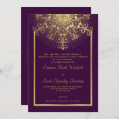 Invitation Flocon d'or sur violet élégant mariage d'hiver (Devant / Derrière)