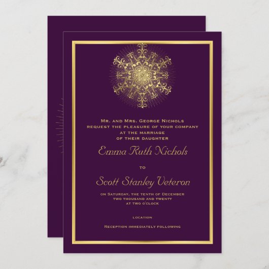Invitation Flocon d'or sur violet élégant mariage d'hiver (Devant / Derrière)