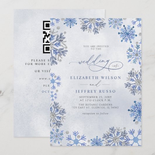 Invitation Flocons de Neige Argent Bleu Mariage Code QR Hiver (Devant / Derrière)