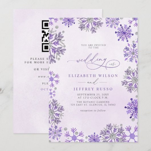 Invitation Flocons de Neige Argent Violet Mariage Code QR Hiv (Devant / Derrière)
