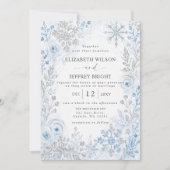 Invitation Flocons de neige bleu argent Mariage Code QR Hiver (Devant)