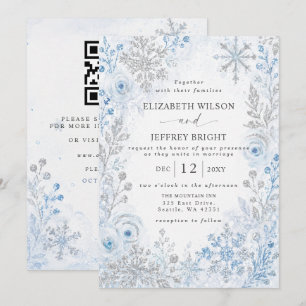 Invitation Flocons de neige bleu argent Mariage Code QR Hiver