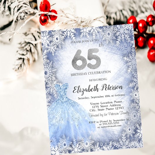 Invitation Flocons de Neige Bleu de Gala 65e Anniversaire