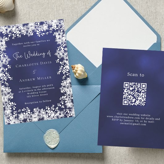 Invitation Flocons de neige bleu marine mariage d'hiver Code
