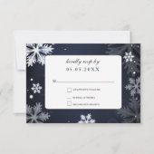 Invitation Flocons de neige bleu marine mariage hiver rsvp (Devant)