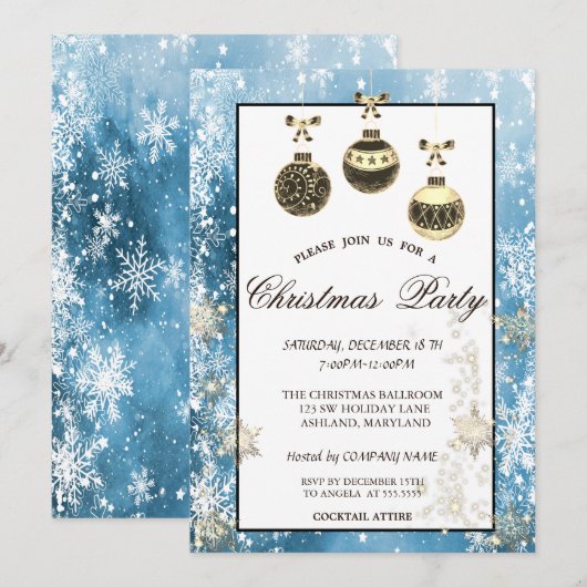 Invitation Flocons de neige, Boules de Noël Fête de Noël d'en (Devant / Derrière)