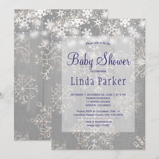 Invitation Flocons de neige de marine blanche shower rustique (Devant / Derrière)