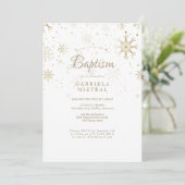 Invitation Flocons de neige dorés baptême (Debout devant)