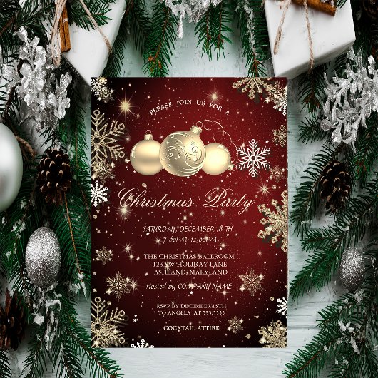Invitation Flocons de neige dorés,Boules de Noël Rouges Soiré