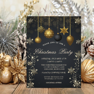 Invitation Flocons de neige dorés, boules de Noël, soirée ent